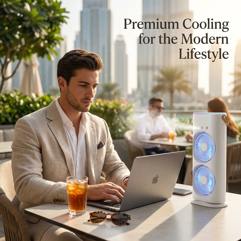 Dual Cooling Fan – Portable Spray Air Cooler with LED 💧❄️