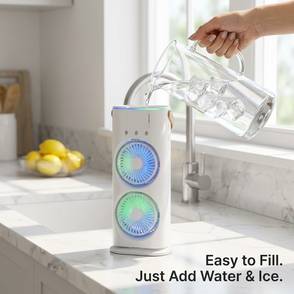 Dual Cooling Fan – Portable Spray Air Cooler with LED 💧❄️