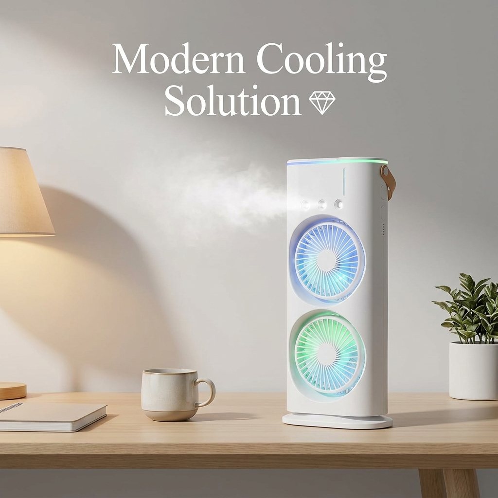 Dual Cooling Fan – Portable Spray Air Cooler with LED 💧❄️
