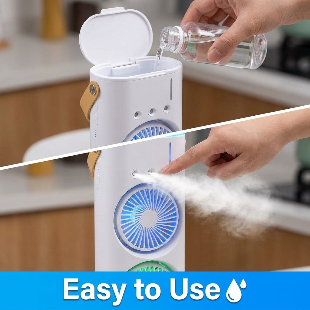 Dual Cooling Fan – Portable Spray Air Cooler with LED 💧❄️