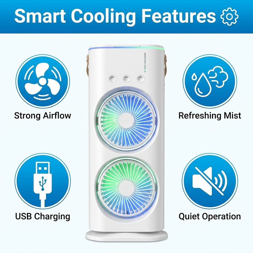 Dual Cooling Fan – Portable Spray Air Cooler with LED 💧❄️