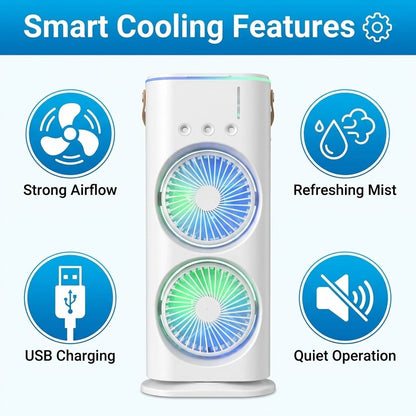 Dual Cooling Fan – Portable Spray Air Cooler with LED 💧❄️