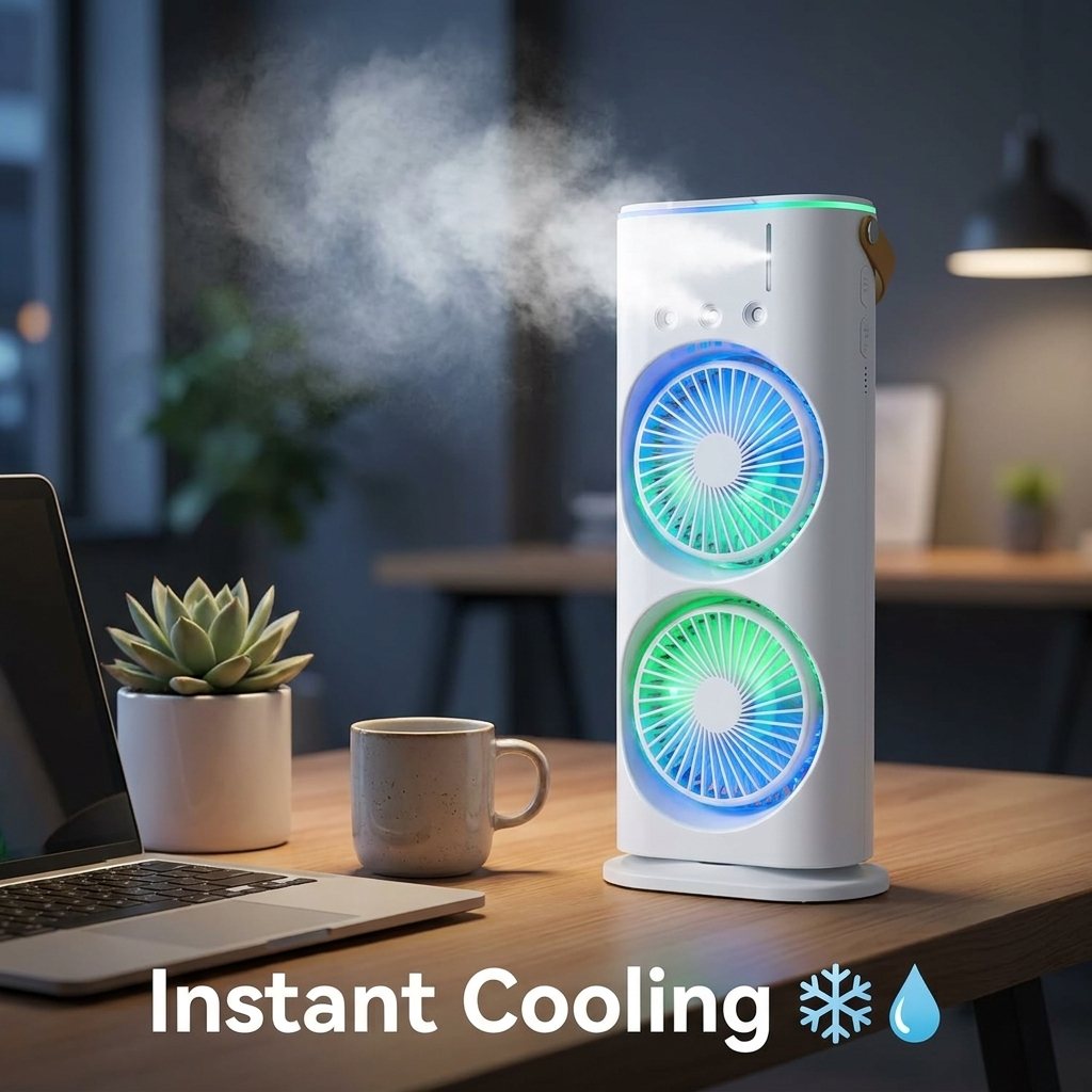 Dual Cooling Fan – Portable Spray Air Cooler with LED 💧❄️