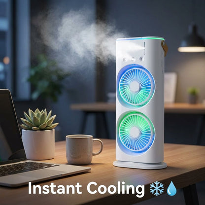 Dual Cooling Fan – Portable Spray Air Cooler with LED 💧❄️
