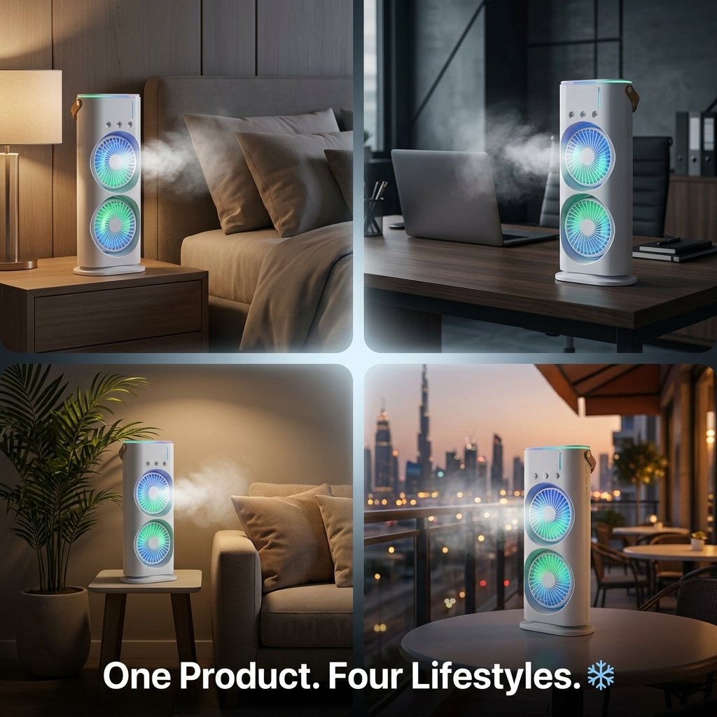 Dual Cooling Fan – Portable Spray Air Cooler with LED 💧❄️
