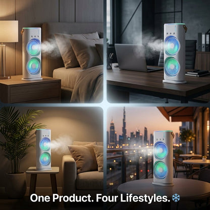 Dual Cooling Fan – Portable Spray Air Cooler with LED 💧❄️