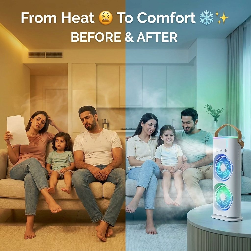 Dual Cooling Fan – Portable Spray Air Cooler with LED 💧❄️